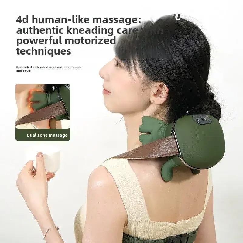 Luliqua NeckEase 4D human-like massage - authentic kneading care with powerful motorized techniques, upgraded extended and widened finger massager, dual zone massage with brown adjustable strap for neck and shoulders