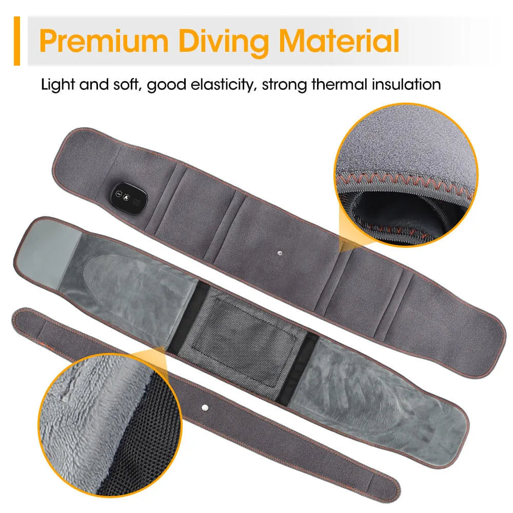 Best Gray Heated Waist Belt for Back Pain Relief | Rechargeable Lumbar Massager with close-up details 