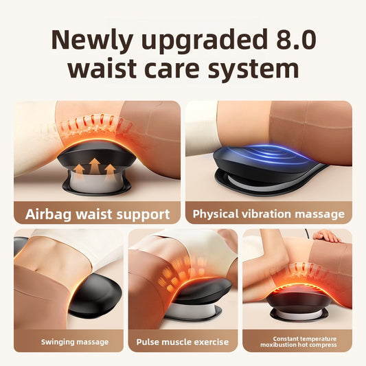 Luliqua TractionRelief newly upgraded 8.0 waist care system - 5 massage functions including airbag waist support with orange heat arrows, physical vibration massage with blue waves, swinging massage motion, pulse muscle exercise with orange heat visualization, and constant temperature moxibustion hot compress for comprehensive lumbar relief