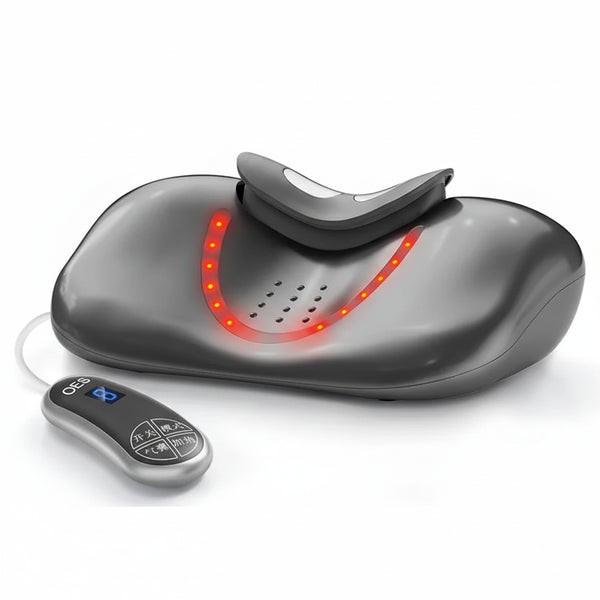 Luliqua NeckRelief dark gray cervical traction device with curved neck cradle and bright red LED heat therapy lights in U-shaped pattern, silver oval remote controller with OES logo and blue digital display showing temperature and mode controls, ergonomic foot-shaped design with ventilation holes for air circulation, infrared neck therapy for cervical spine pain relief