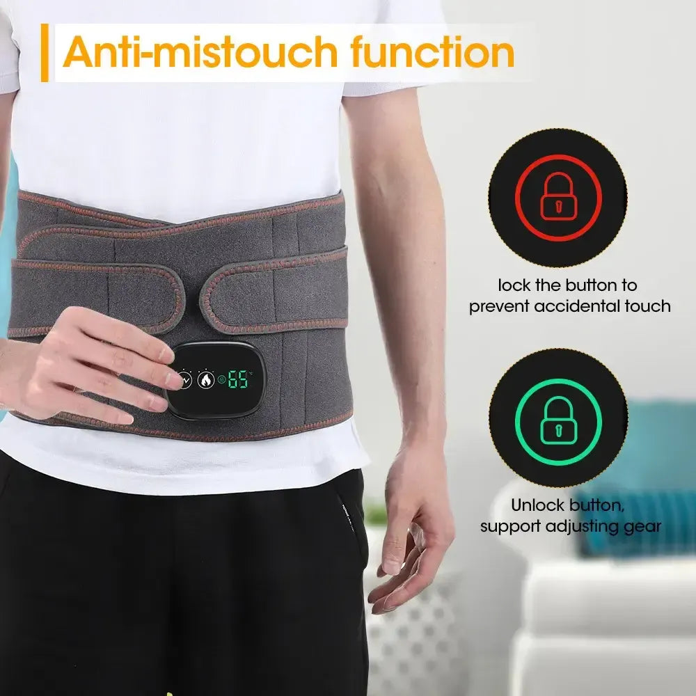 Person wearing Best Heated Waist Belt for Back Pain Relief | Rechargeable Lumbar Massager with digital display and anti-mistouch function features.